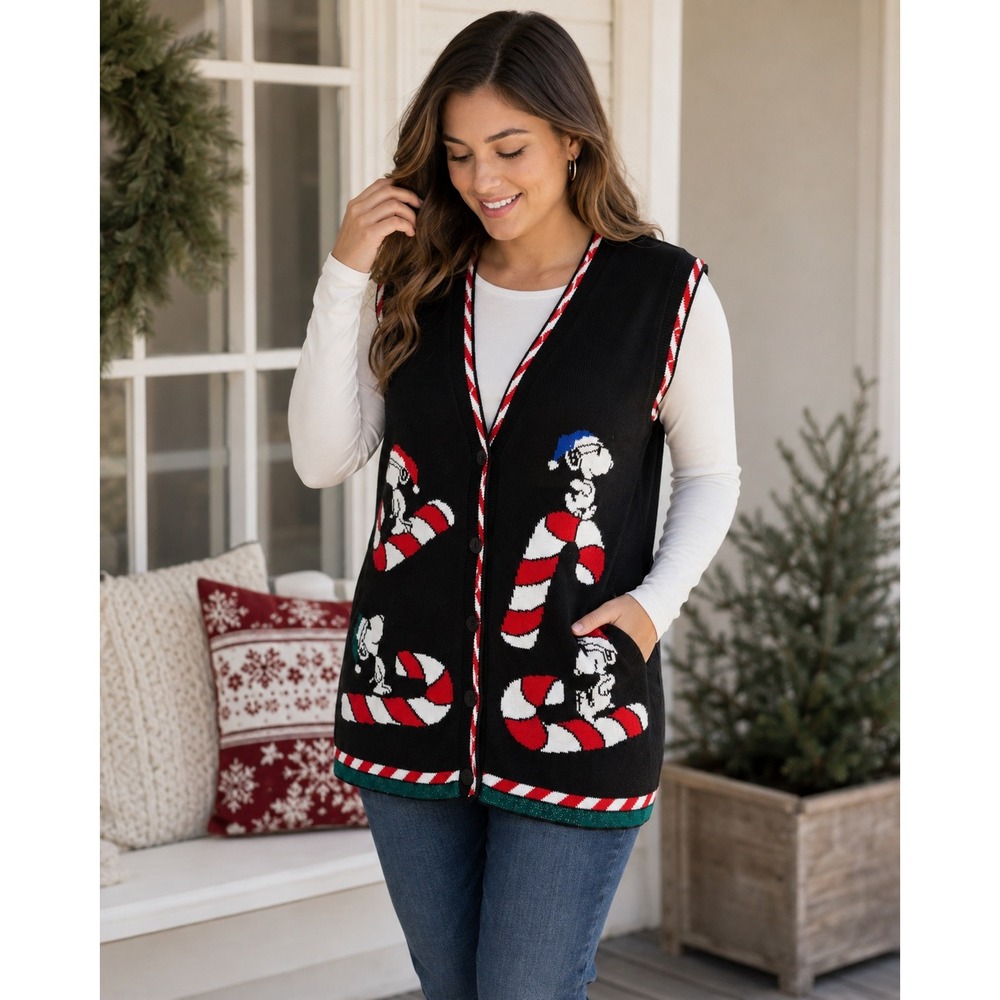 Vintage 90s Snoopy & Friends Christmas Sweater Vest M/L Candy Cane Peanuts USA